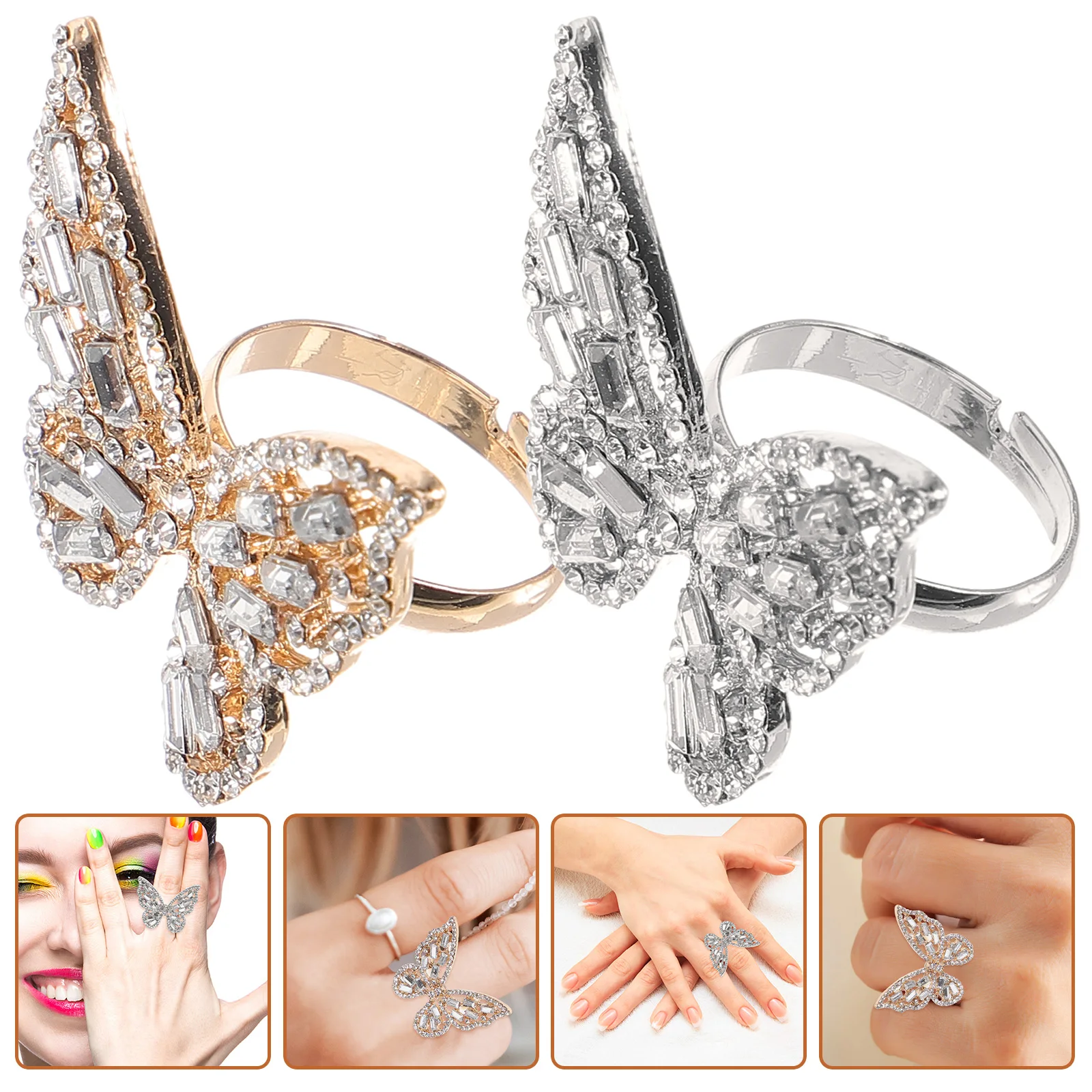 

2Pcs Butterflies Ring Women Rhinestone Alloy Fashion Ring Daily Wear Party Chic Finger Jewelry Butterflies Rings