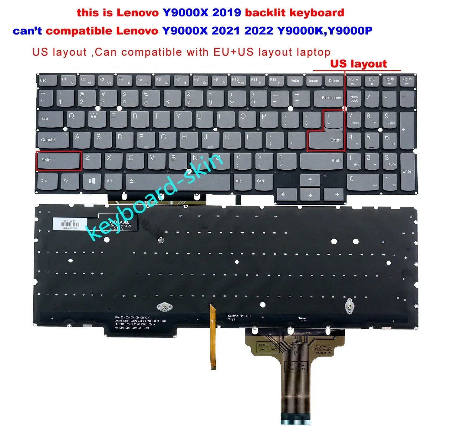 New US Keyboard Backlit No-Frame for Lenovo Y9000X 2019 series laptop (isn't for Y9000K,Y9000X 2021 2022)