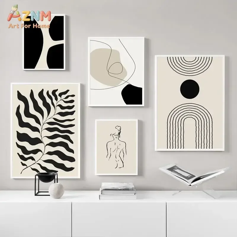 AZNM Neutral Beige Black Abstract Canvas Print Boho Line Art Woman Body Rainbow Plant Geometric Minimalist Living Room Wall Deco