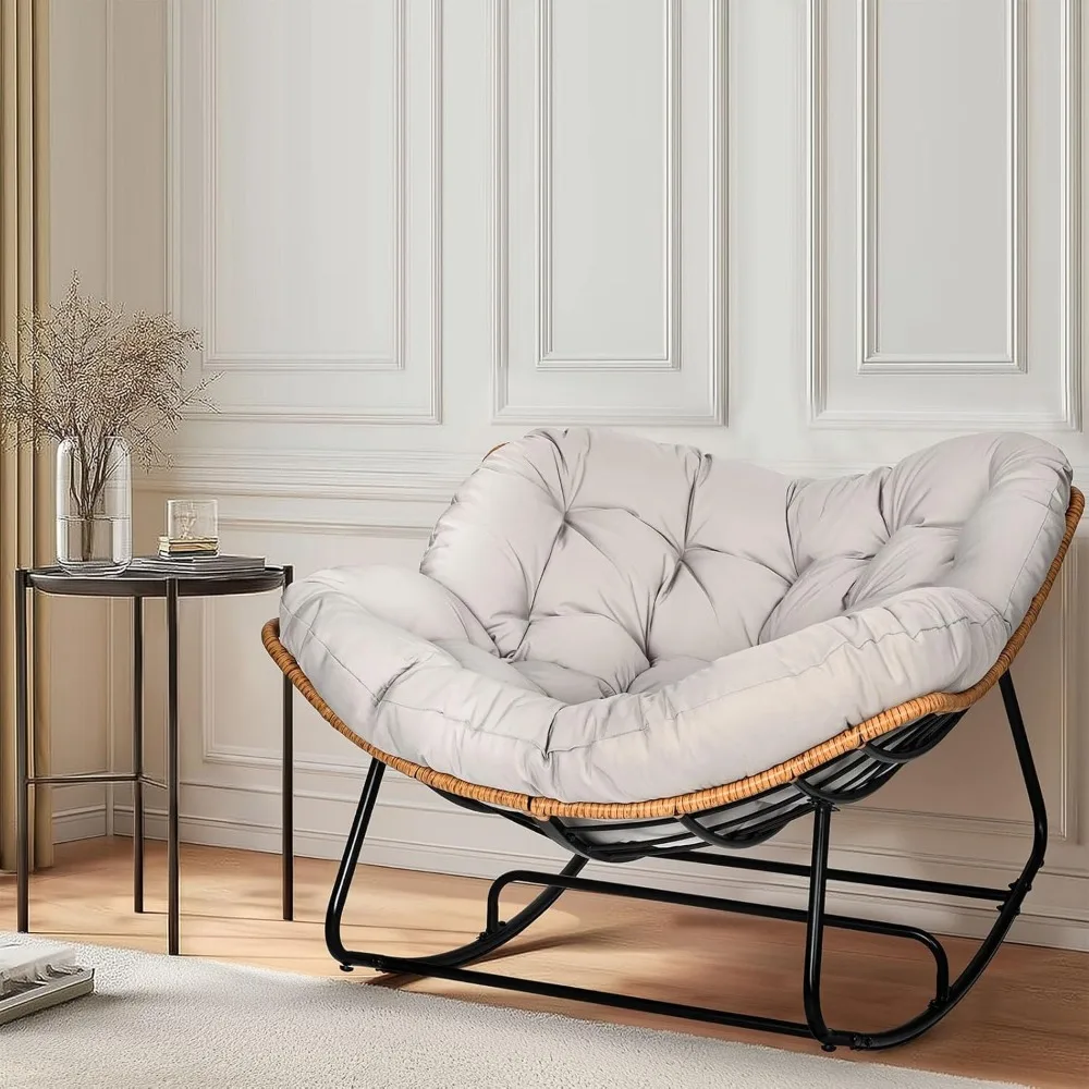 

Papasan Chair, Outdoor Rocking Chair with Cushion, 450LB Heavy Duty Egg Chair, Indoor Outdoor Patio Rocking Chairs for Balcony,
