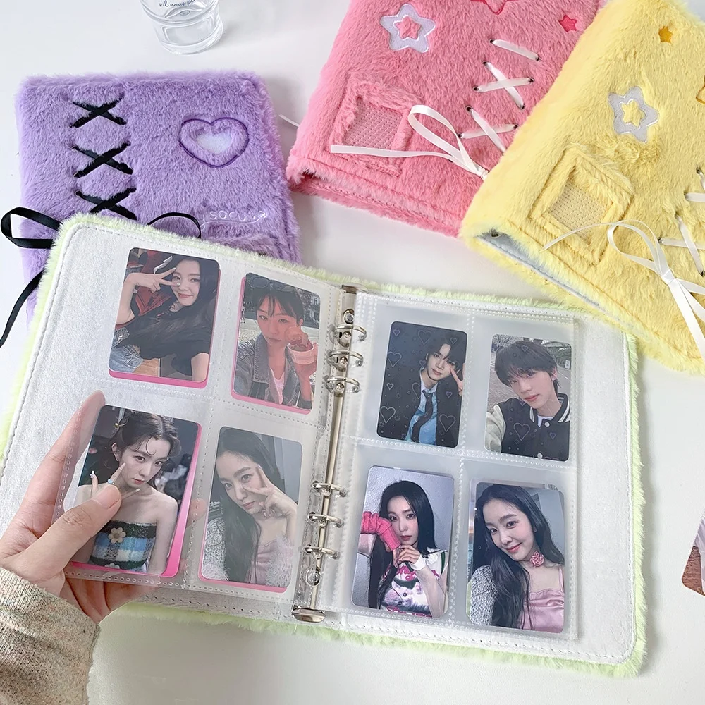 Plush K-pop Photo Album with Ballet Ribbon | 3-Inch Instant Photo 4-Grid Storage Album | Cute Star Card Collection for K-pop Fan