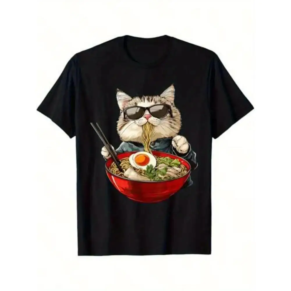 Men's Anime Cat Ramen Pattern T Shirt Japanese Food Culture Graphic Tee Lightweight Breathable 220gsm Casual Wear Anime