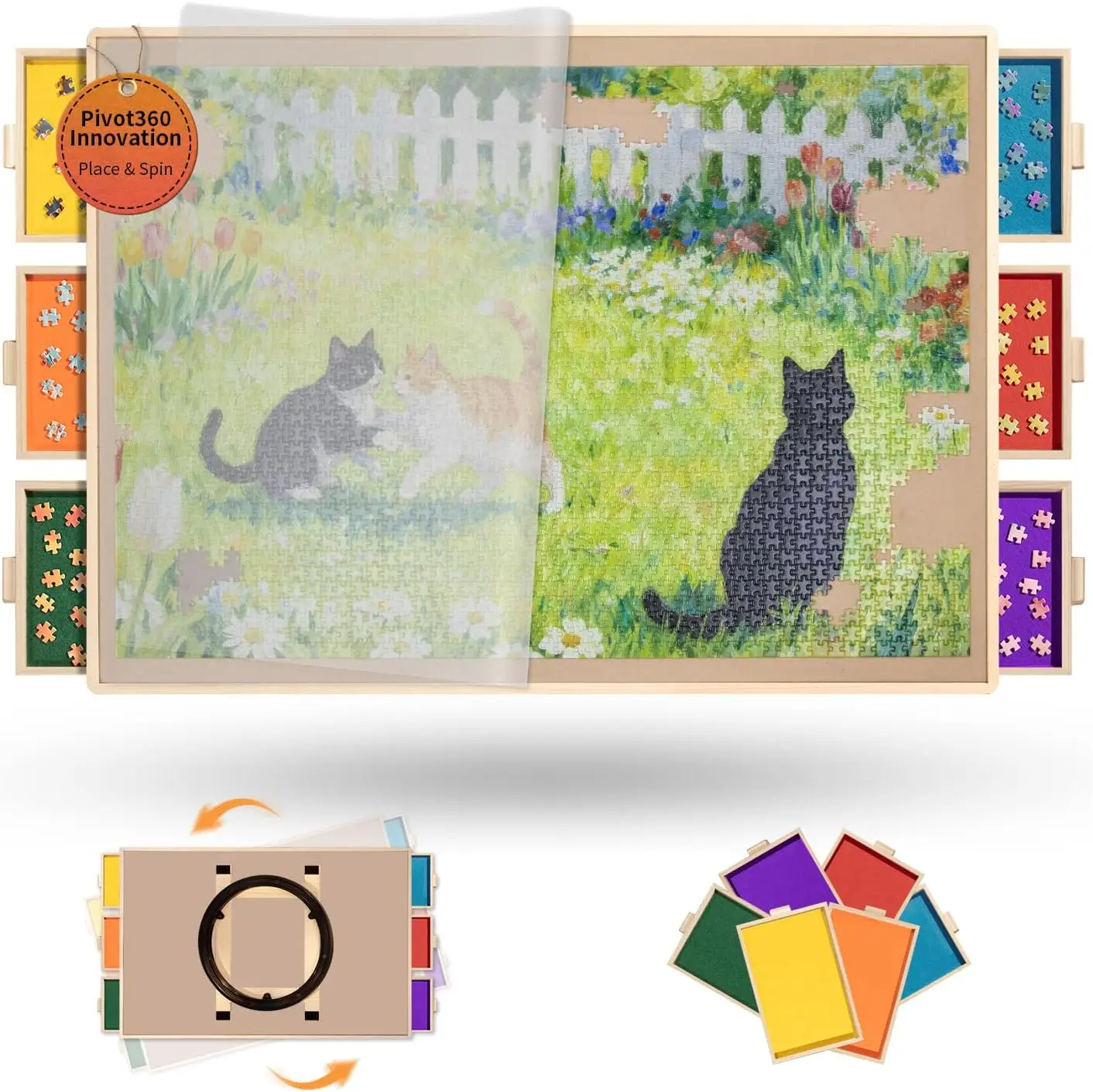 

Доска для пазлов на 1500 элементов с 6 ящиками и крышкой, 34x25 дюймов, с цветными войлочными отделениями, деревянный коврик для сортировки, подарок на день рождения для мамы