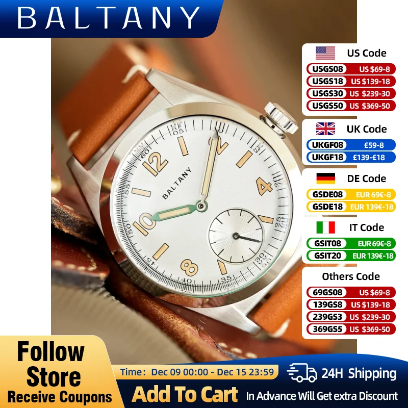 Baltany Retro Bubbleback Wristwatch Subsecond 100M Waterproof Luminous VD78 Leather Vintage Quartz Dress Watch