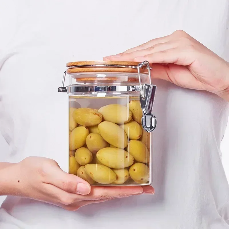 1pcs Stainless Steel Buckle Glass with Bamboo Lid Food Sealed Jar Candy Grains Household Kitchen Organizer and Storage Container