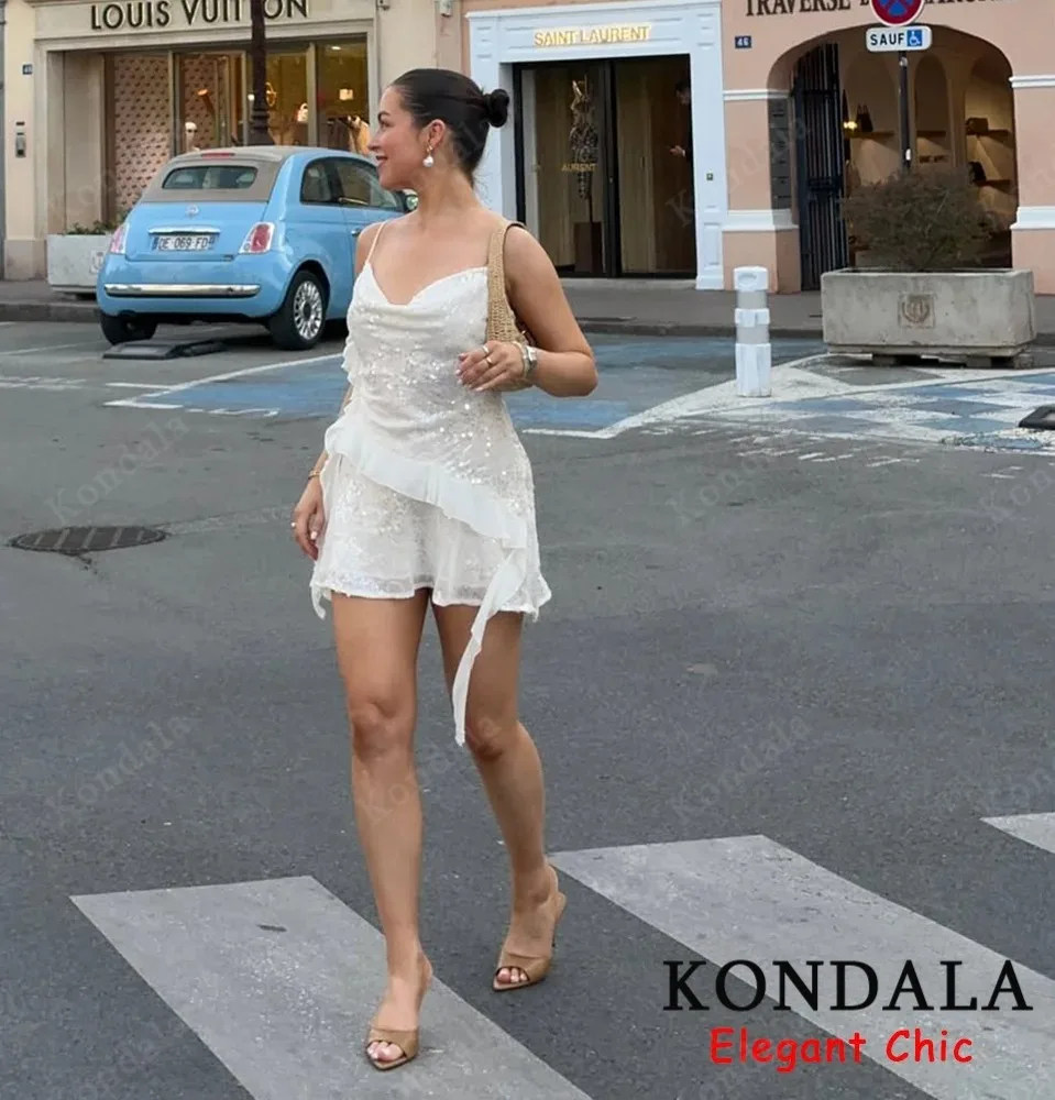 KONDALA Sexy Pailletten-Minikleid für Damen, Neckholder, Rüschen, fließendes, schmales Kleid, Mode, 2025, Sommerferien, Dating, Party, Mujer-Kleid