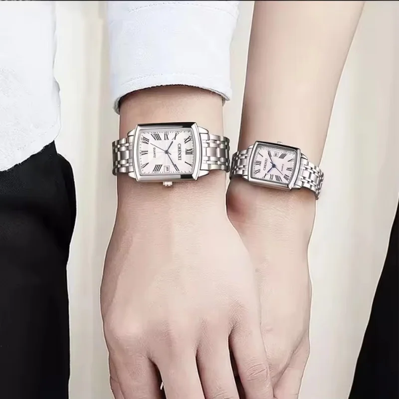 CHENXI 079A Fashion Dating Couple Quartz Watch Simple Simulation Display Stainless Steel Strap Square Men's and Women's Watches