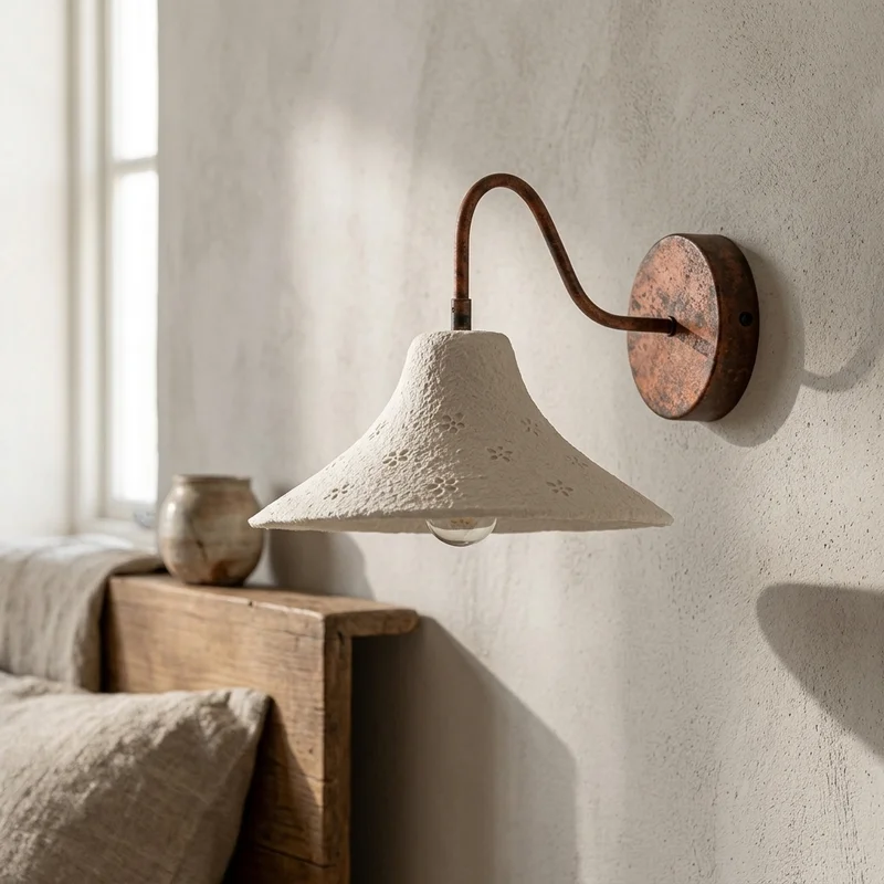 Japanese Wabi Sabi Floral Textured Bell Shade Curved Arm Bedroom Bedside Hallway Living Room Interior Decor Foyer Wall Lamp