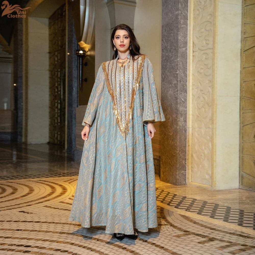 

Вечернее платье-абайя макси с вышивкой пайетками и пэчворком, с бахромой, сетчатыми рукавами-лепестками, для женщин, на Гала-вечер, в стиле Дубай, для Рамадана