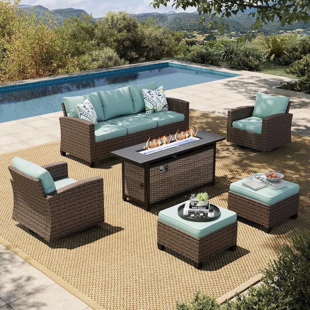 

6-Piece Blue Wicker Outdoor Patio Furniture Set with Fire Pit Table