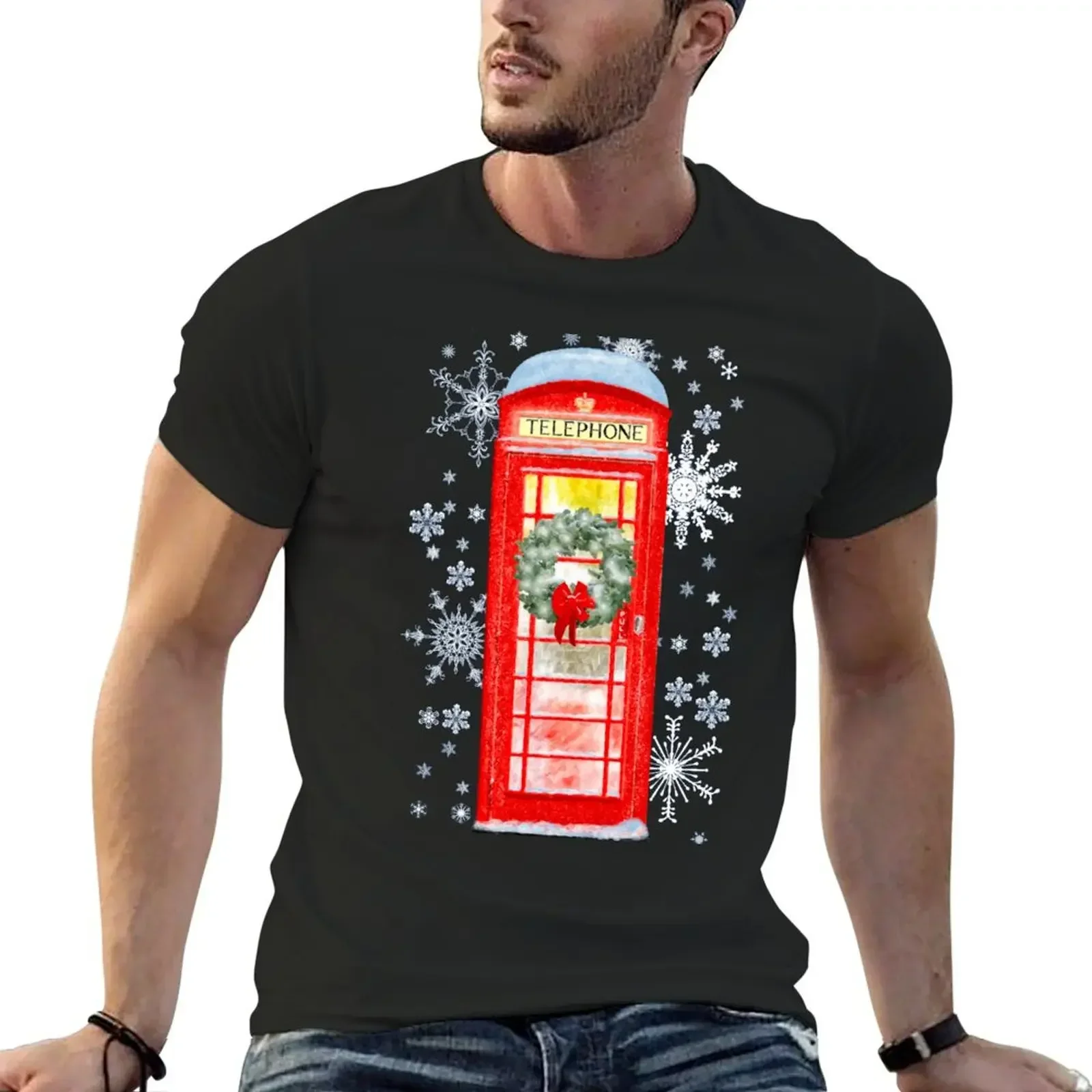 

British Red Telephone Box In Falling Christmas Snow T-Shirt vintage clothes oversized tee shirts for men