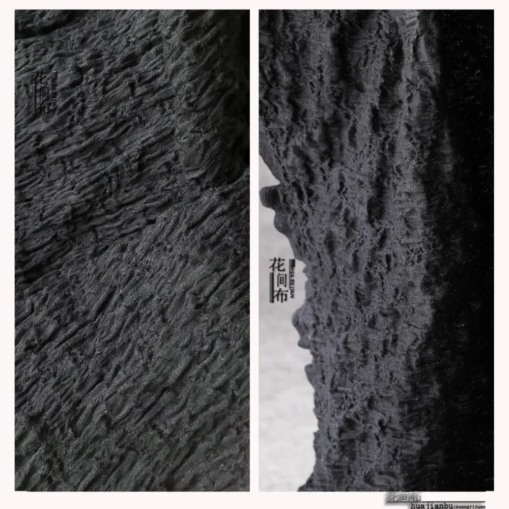 Black Recycled Cotton Embroidered Crinkled Fabric Sheer Irregular Creative Designer Fabrics Dress Clothing Diy Sewing Cloth