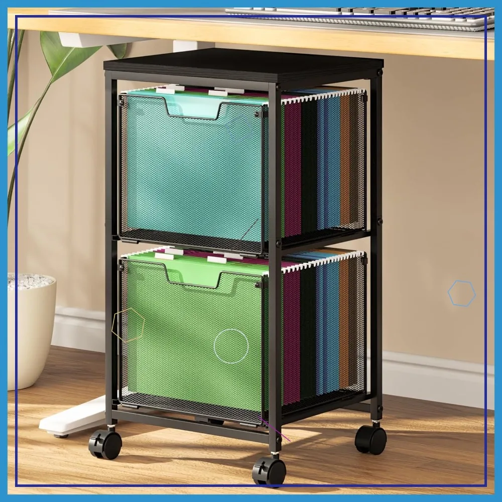 

Mobile File Cart with 2 Drawers, Wheels, Hanging Organizer, Under Desk Storage for Home Office in Black