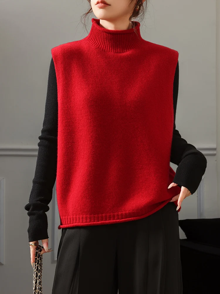 

New Woman's 100% Merino Wool Sweater Vest Autumn Winter Female Knitwear Turtleneck Pullover Cashmere Clothing Tops Cozy Blouse