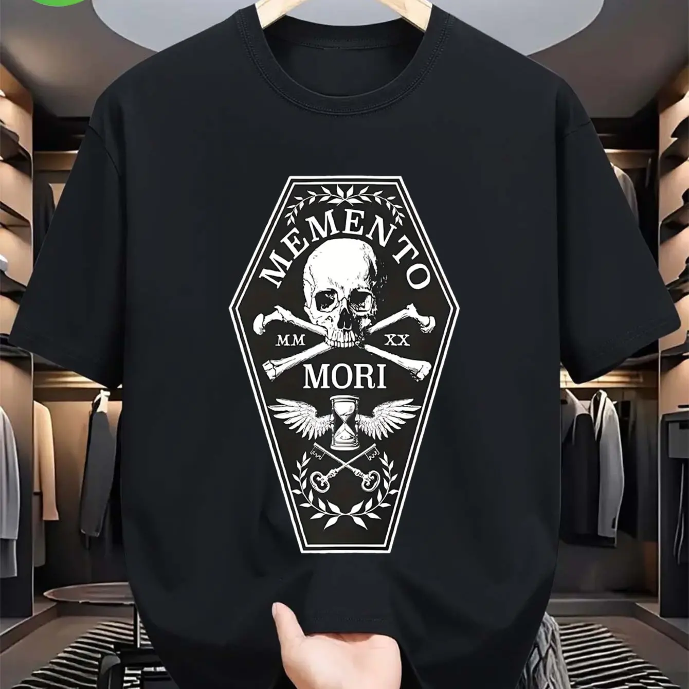 Men's Gothic Memento Mori T-Shirt 100% Cotton Latin Mortify Design with Black Skull & Hourglass Bone Print