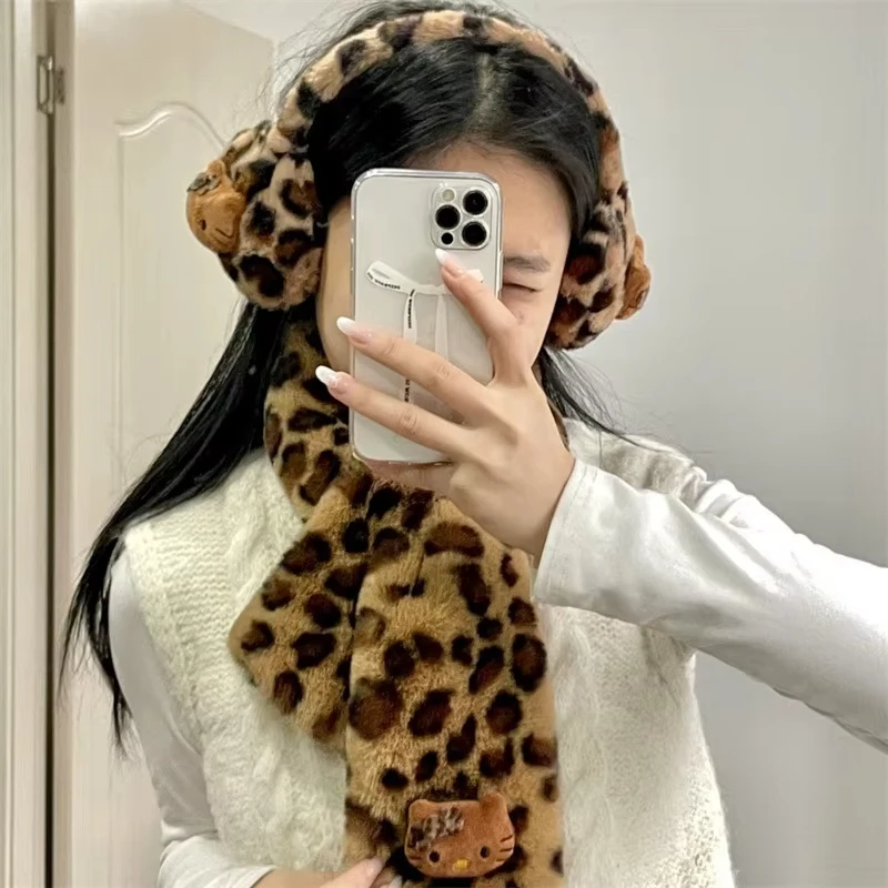 New Hello Kitty Earmuff Scarf Sanrio Winter Warm Earmuffs Cartoon Leopard Print Anime Outdoor Cold Protection Earmuff Scarf Gift