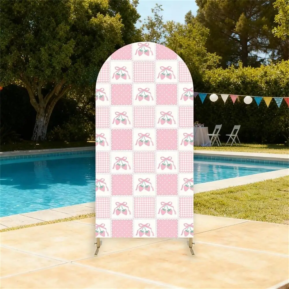 LS Custom 2-Sided Pink Strawberry Girl Berry First Birthday Party Baby Shower Cover Chiara Arch Background Decor Backdrop