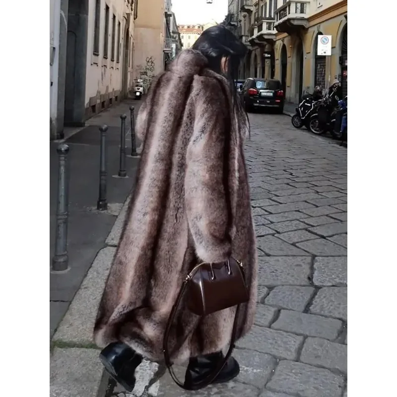 Manteau long en fausse fourrure marron de luxe pour femmes, col châle décontracté, manches longues, manteau moelleux, hiver, chic, épais, chaud, vêtements de rue