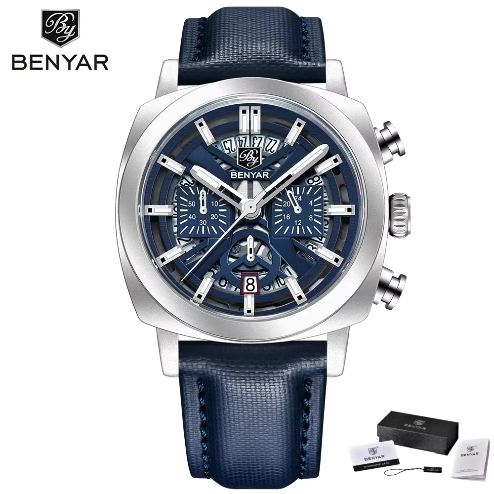 BENYAR 5205 Men's Sports Leather Quartz Movement Design Watch Water Resistant Anti-Reflective Chronograph Relógios Masculino
