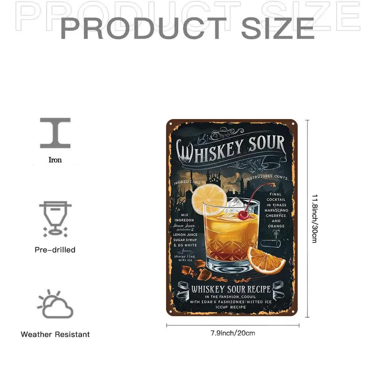 2D Flat, 2D Flat,1pc,Whiskey Sour Recipe Poster ArtMetal Iron Sign, Pre-Drilled Holes, Suitable for Indoor, Garden,Outdoor, Home