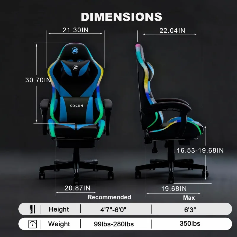 Gaming Chair with LED Light, Footrest and Massage, Big and Tall Computer Chair with Lumbar Support, Pocket Spring