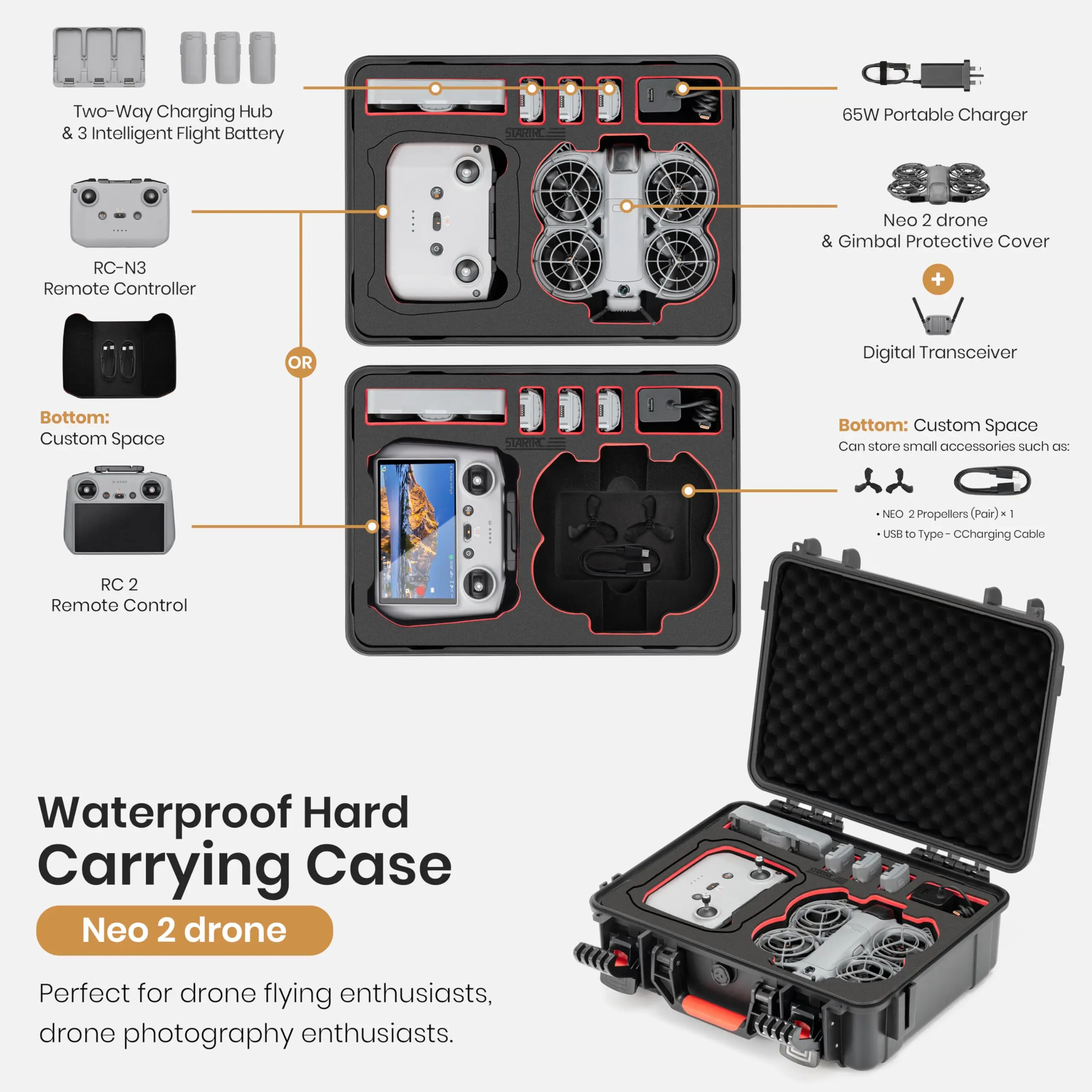 STARTRC Waterproof Hard Carrying Case for DJI Neo 2 Drone Accessories for RC-N/RC2 Controller