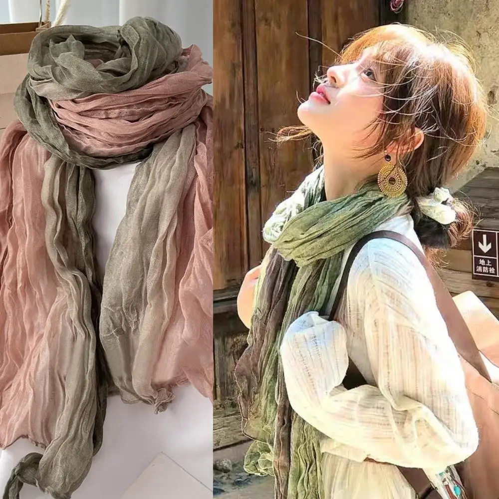 여성용 그라데이션 컬러 린넨 스카프 여행 주름 히잡 스카프 린넨 스트라이프 스카프 얇은 숄 부드러운 숄 여성 랩 숄