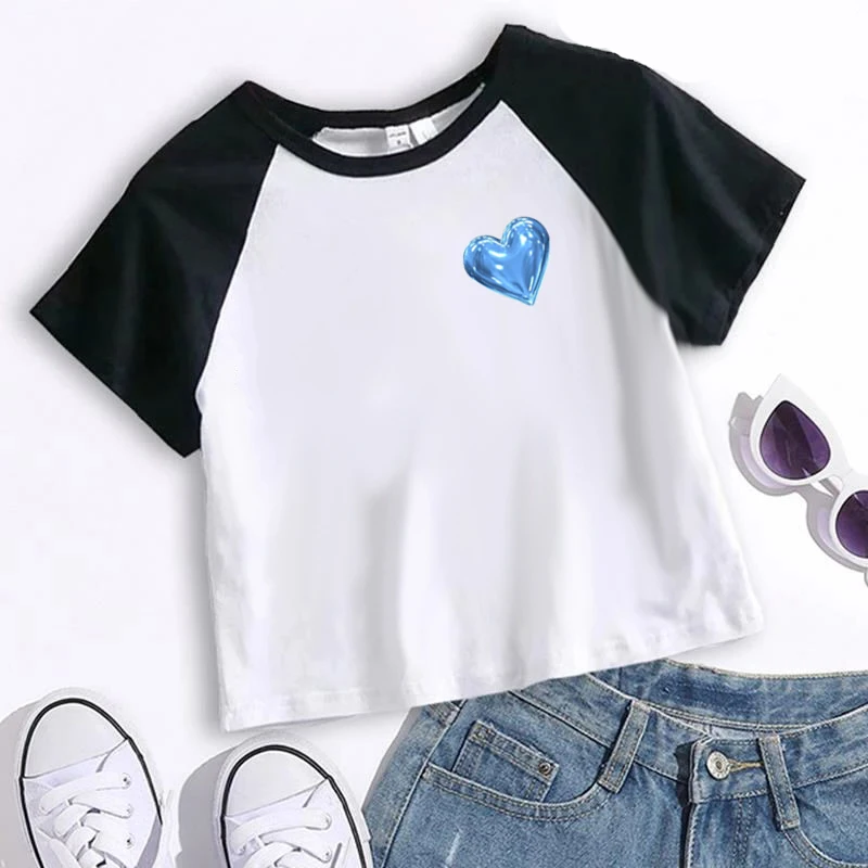 Shiny Pink Heart Print Cropped Tops Y2k T-Shirt Women Contrast Patchwork Short Sleeve O Neck Baby Tees Sexy Kawaii Cute Clothes image 5