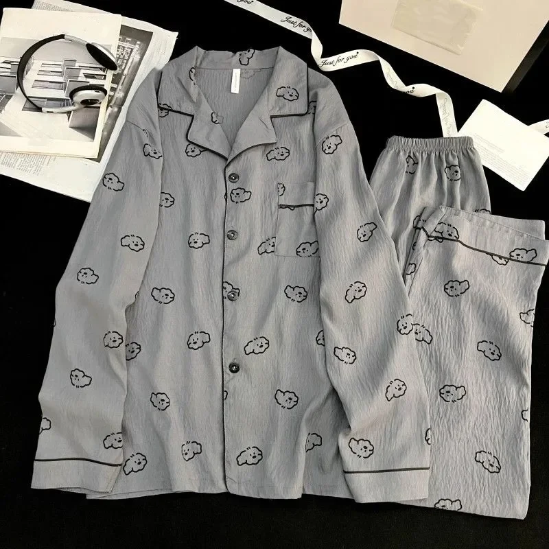 Casual Dog Print Men's Pajamas Big Size Basic Long Sleeve Trousers Oversized Men's Sleepwear 2026 Autumn Winter New Pajamas Set