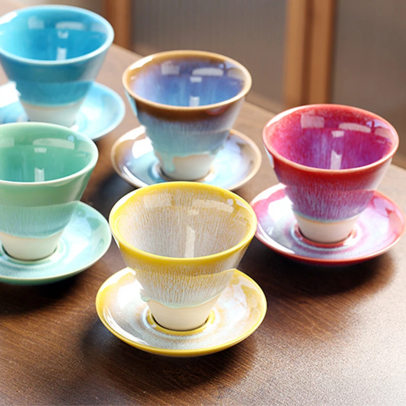 Japanese Creative Tapered Flowing Glazed Coarse Ceramic Retro Coffee Cup Ceramic Latte Cup Flower Cup Plate Home Kitchen Tea Set