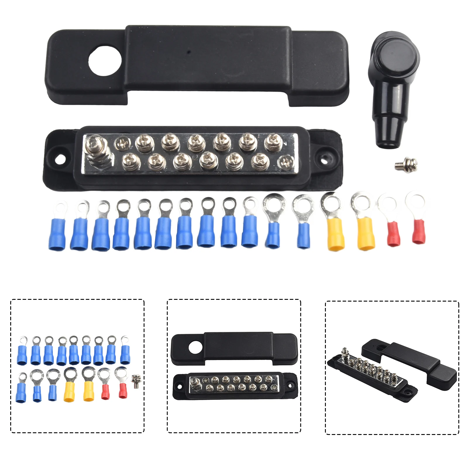 Battery Power Distribution Block Bus Bar Positive Negative 12 X 15A Terminal Screws 1X M6 Terminal Studs 180A Black / Red