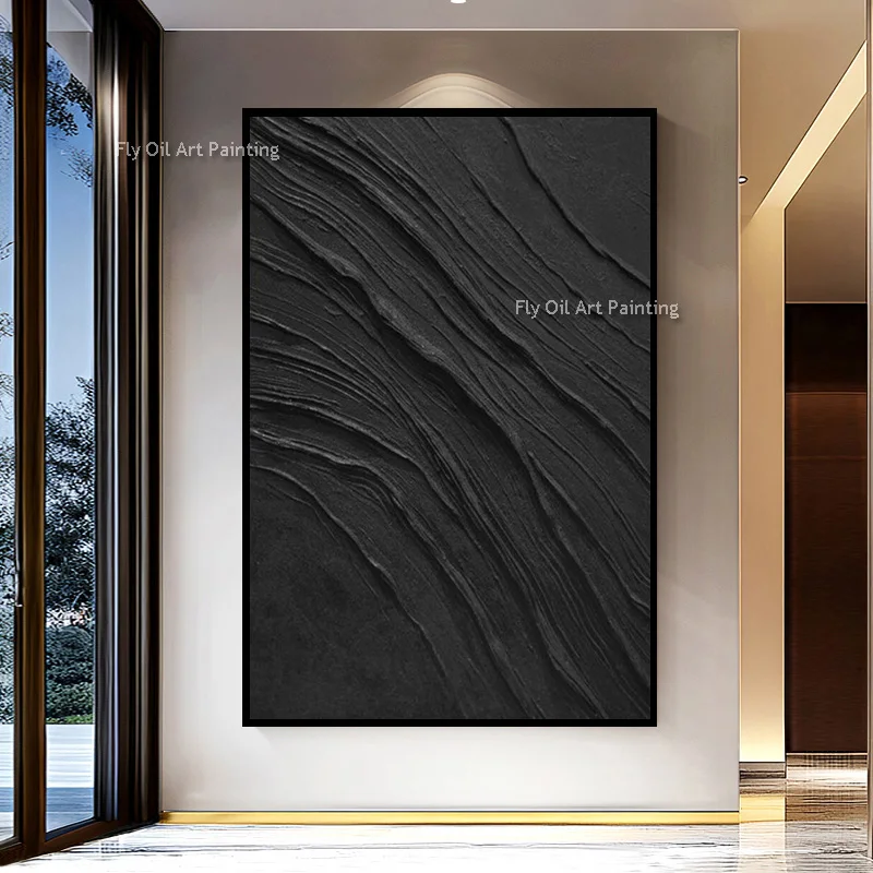 Obra de arte de diseño Simple a la moda hecha a mano, textura negra pura, pintura al óleo gruesa sobre lienzo, decoración de pared de salón para el hogar, gris y negro grande