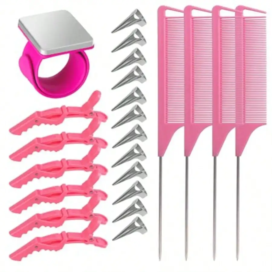 

D23 Pieces Hair Braiding Tools Set Magnetic Wrist Pin Holder Sectioning Clips Rat Tail Combs Hair Parting Rings For Braiding