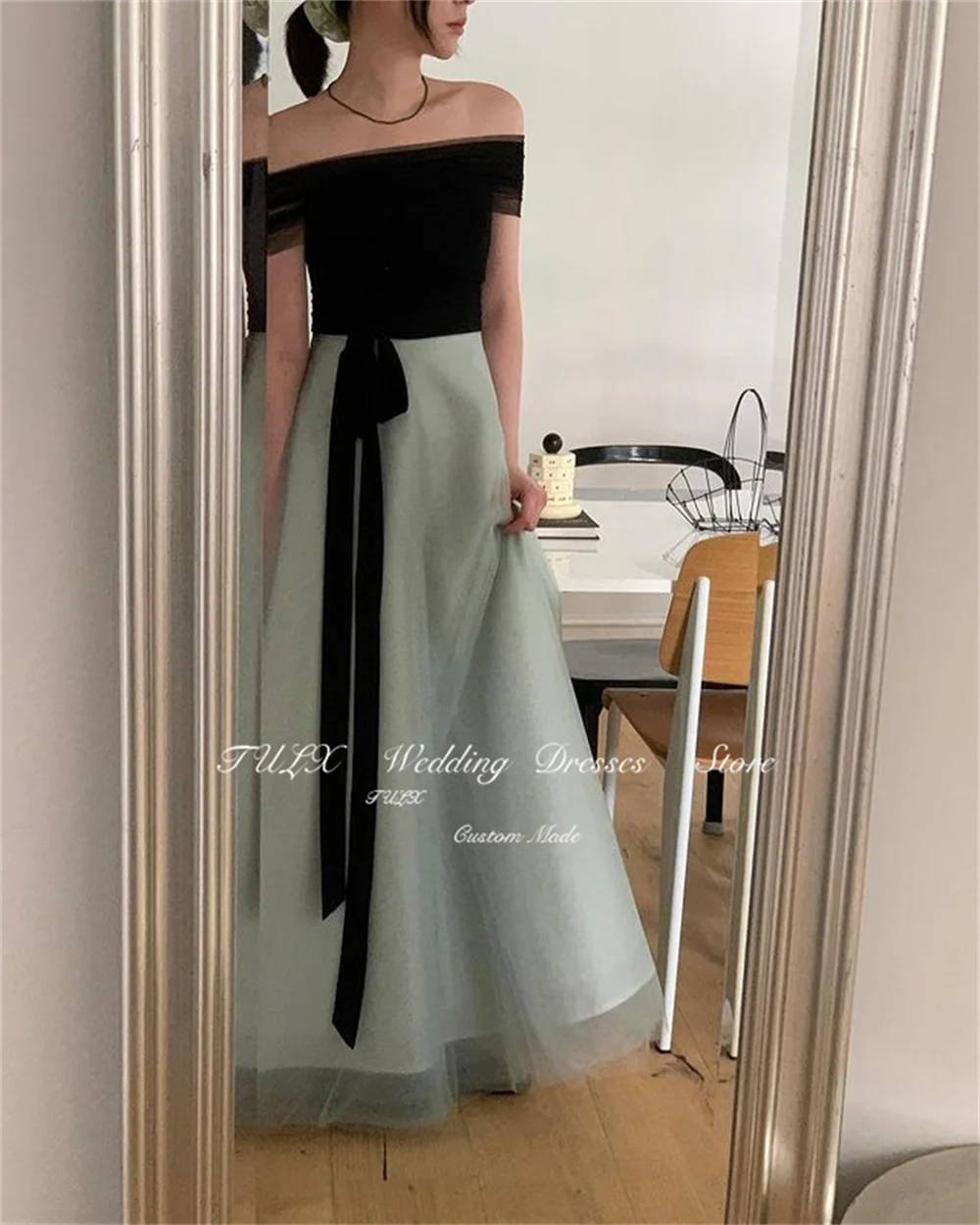 TULX Simple Black And Pink Korea Evening Dresses For Wedding Party Strapless Ankle Length Prom Gowns Formal Occasion Dress