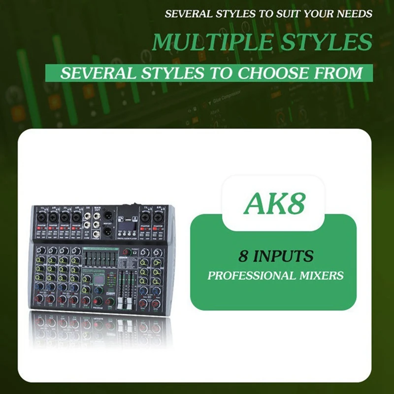 A73T Professional 8 Channel Audio Mixer Built-In 99DSP 7-Segment Balanced Effect Bluetooth Live Recording XLR Mixer