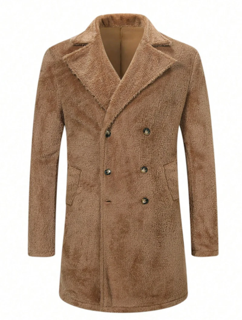 

2025 Autumn Winter Plush Medium Length Overcoat European American Men's Wear Woolen Coat Double Breasted Design Windbreaker