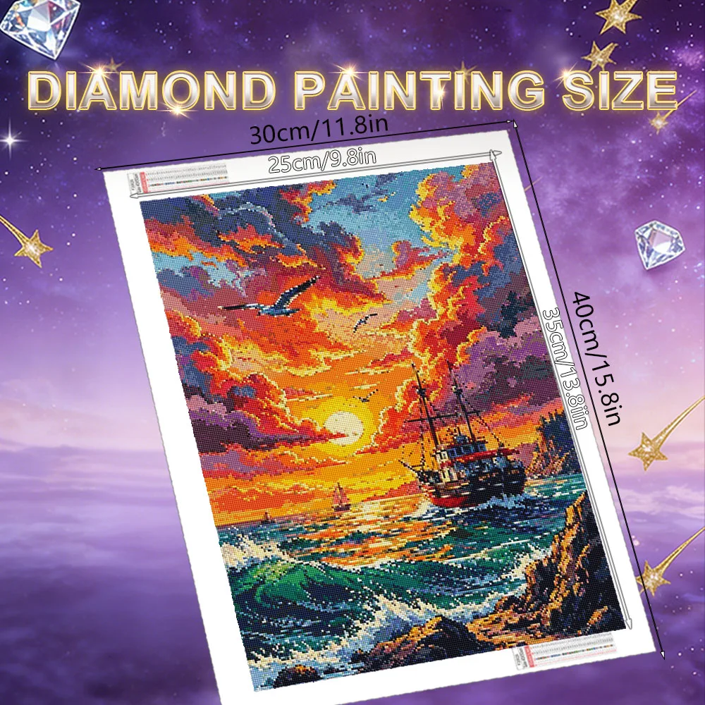 HUACAN Diamond Mosaic Sea Landscape Resin Square Drill Diamond Painting Sailboat Sunset Handmade Full Drill Art Crafts