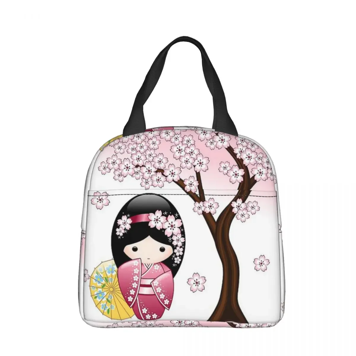 Japanese Spring Kokeshi Doll Insulated Lunch Bag Portable Meal Container Cooler Bag Lunch Box Tote Work Outdoor Food Handbags