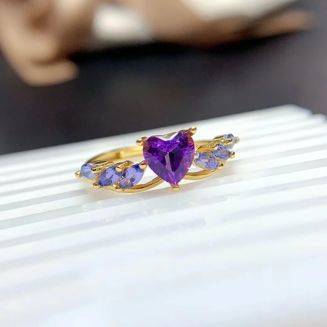 Romantic Heart Crystal 925 Silver Ring 18K Gold Plated 6mm Natural Amethyst Ring with 2mm*4mm Natural Tanznaite Side Gemstone