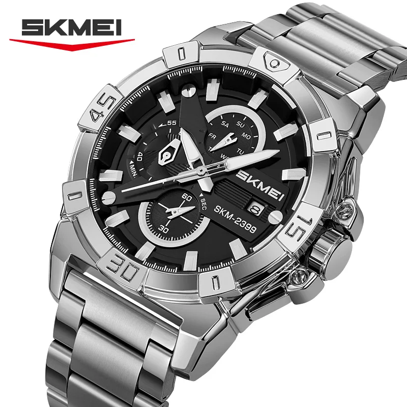 

SKMEI 2399 Business Luxury Watch Fashion Time Chronograph Calendar Stainless Steel Watch Men's Waterproof Quartz Watch Reloj