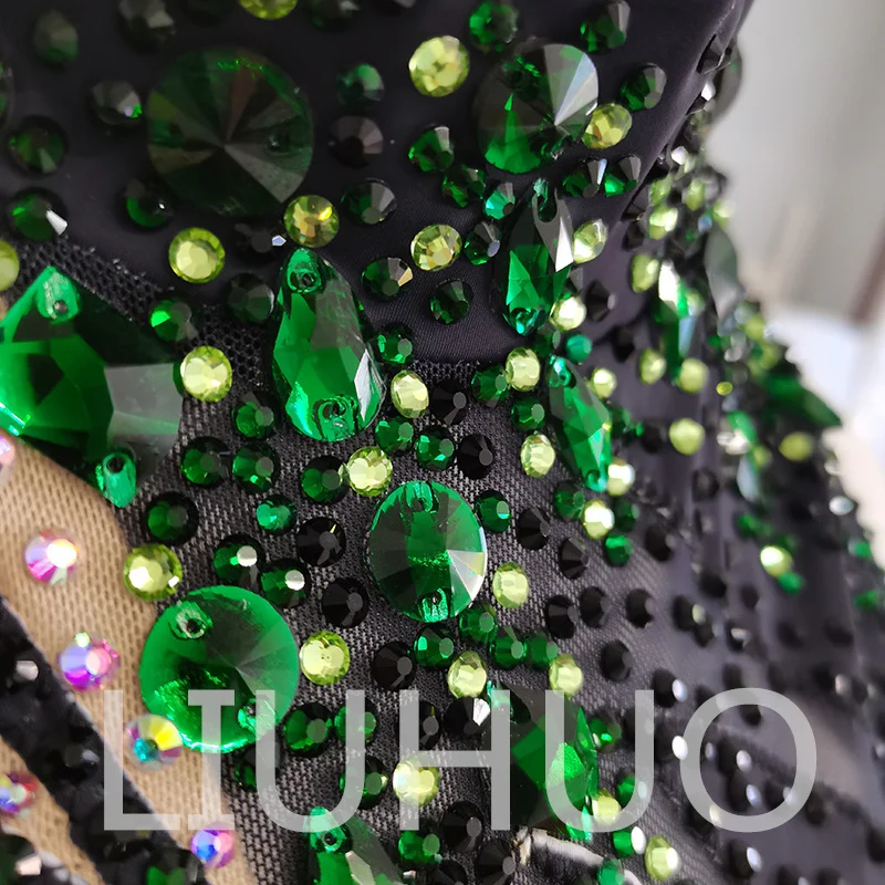 LIUHUO Leotardos de gimnasia rítmica personalizados para niñas y mujeres, ropa de baile con estampado verde de diamantes de imitación, monos de competición BD3194