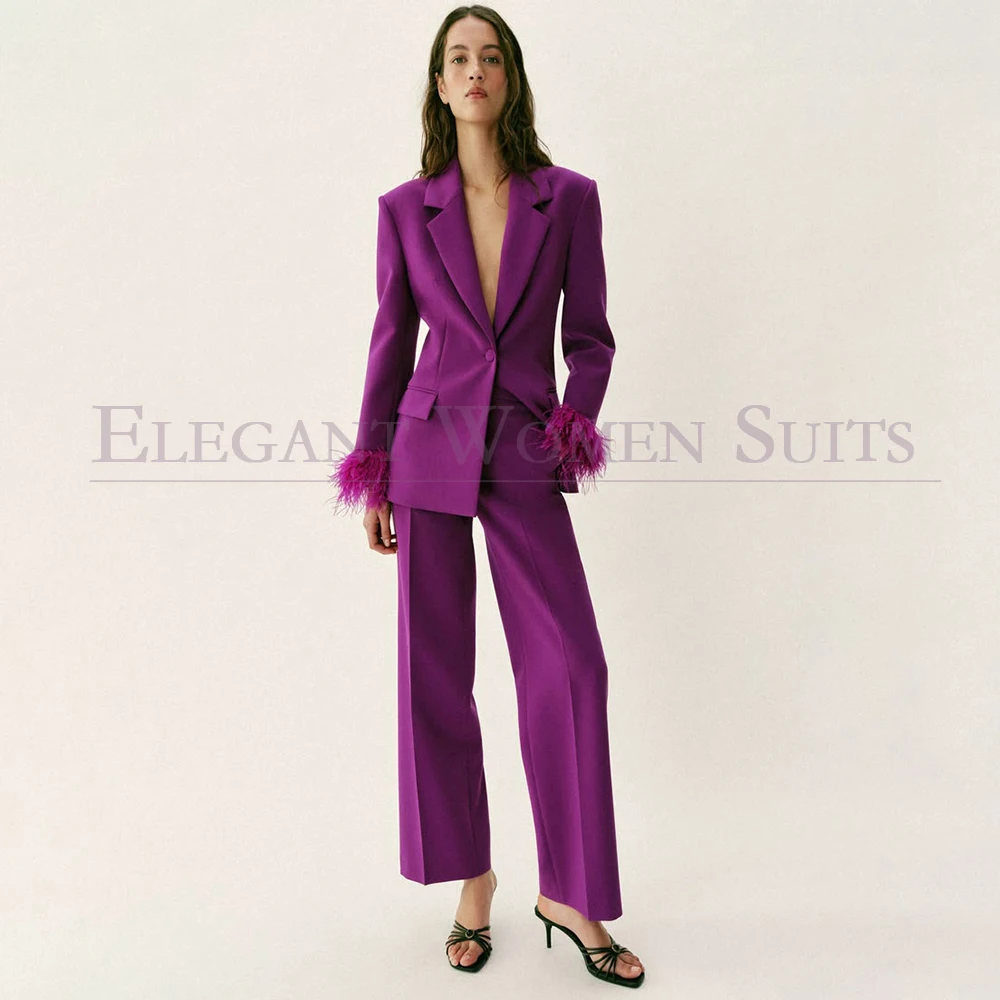 Customized Women's Suits Fashion Slim Fit Feathers One-Button Notch Lapel 2 Piece Jacket Pants Full Sets Customized Blazer