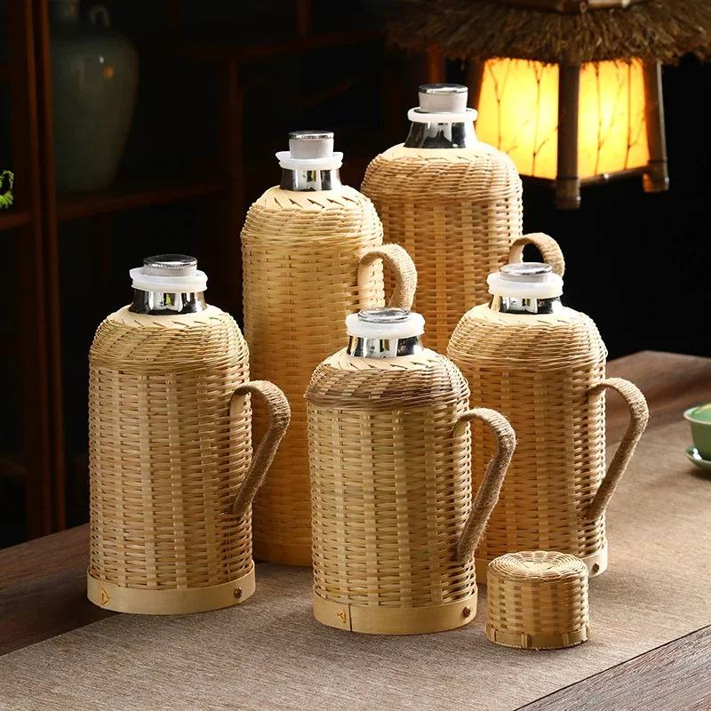 Handmade Bamboo Thermos Chinese Style Cork Insulated Water Bottle Traditional Office Use Glass Bladder