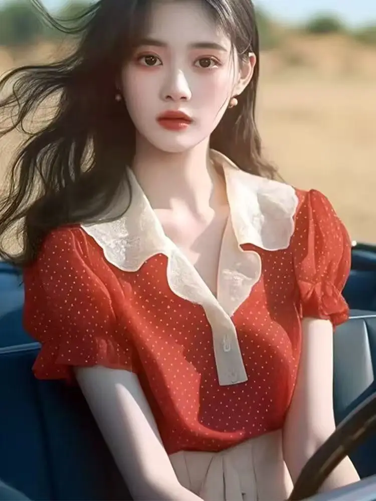 

2025 Новая горячая мода, красная блузка в горошек с короткими рукавами, женская новая летняя свободная шифоновая блузка с рюшами и цветочным принтом