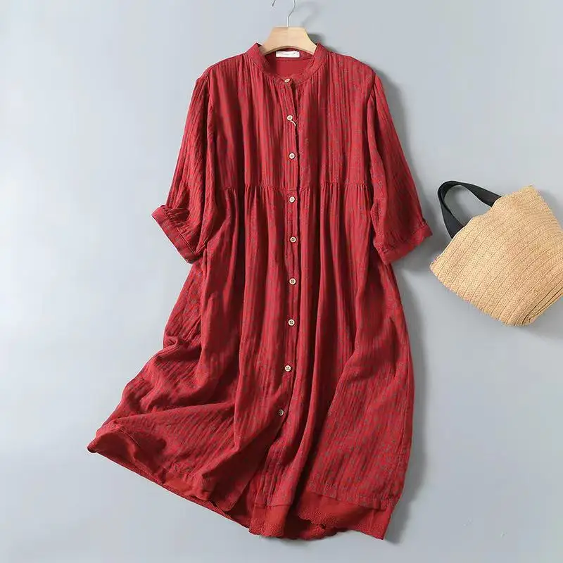 New Summer Cotton Yarn Half Sleeve Dresses Women O Neck Mori Girl Sweet Casual Retro Loose Flower Dress 2024 Autumn  D46256QC