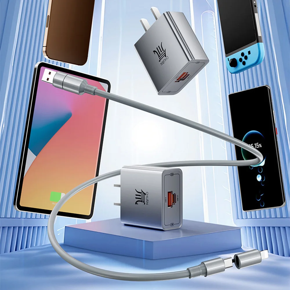 240W Gallium Nitride Fast Charger Kit Dual Port USB A+C Wall Charger with 2-in-1 Fast Charging Cable Set for All Smart Phones