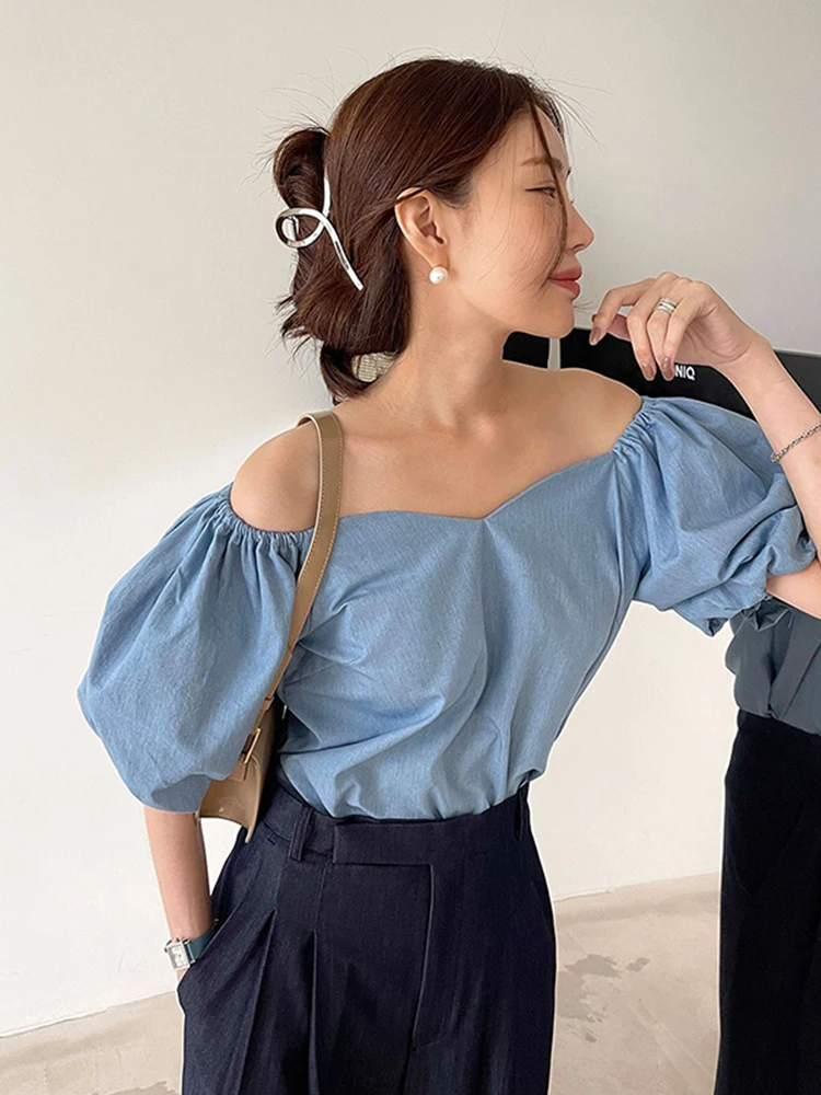 Two-Way Wear oulder Bared Bubble Sve irt Women's Faion Korean Sle Commute Straight Cut ort Sve Pure Color Top