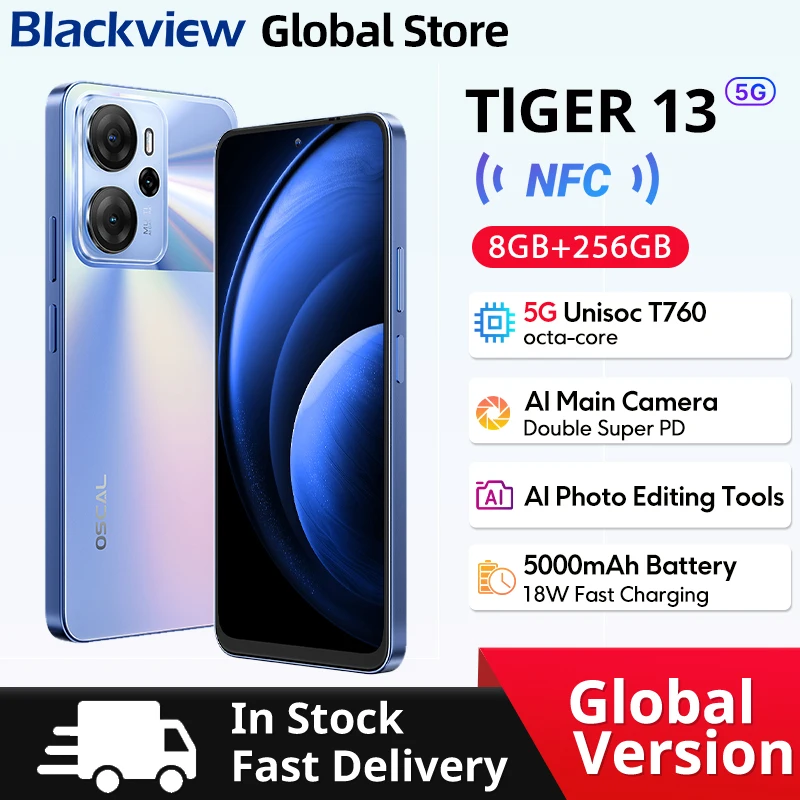 Blackview Oscal Tiger 13 5G Smartphone 6.67 inch 90Hz IPS Display NFC 5000mAh Unisoc T760 256GB 50MP AI Camera Mobile Phone