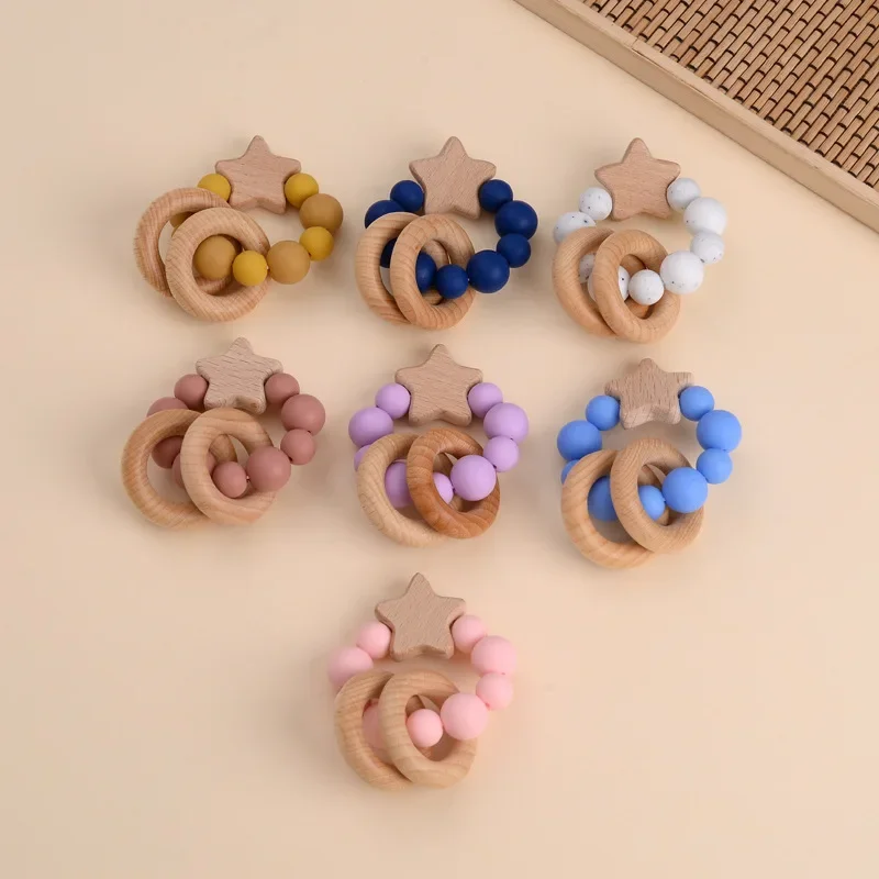 

Baby Wooden Teether Bracelets Beech Wood Pentagram Crafts Ring Baby Silicone Beads Rattles Teething Ring Infant Nursing Toy Gift