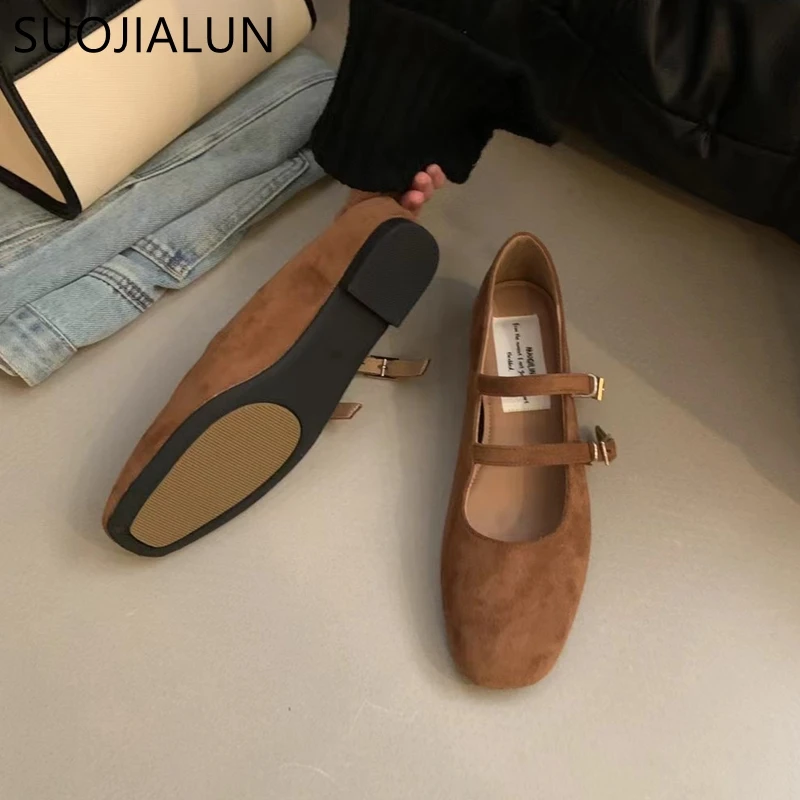 SUOJIALUN 2024 Women Round Toe Flat Shoes Fashion Round Toe Shallow Elegant Mary Jane Shoes Soft Low Wedge Heel Ballerinas Shoes